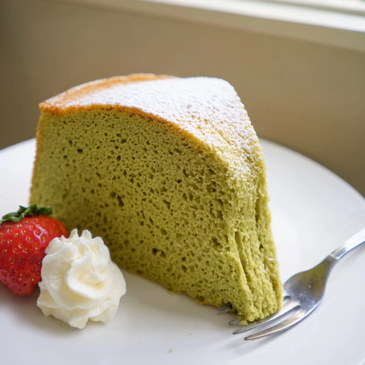 Vibrant green matcha cake recipe served with fresh berries and whipped cream