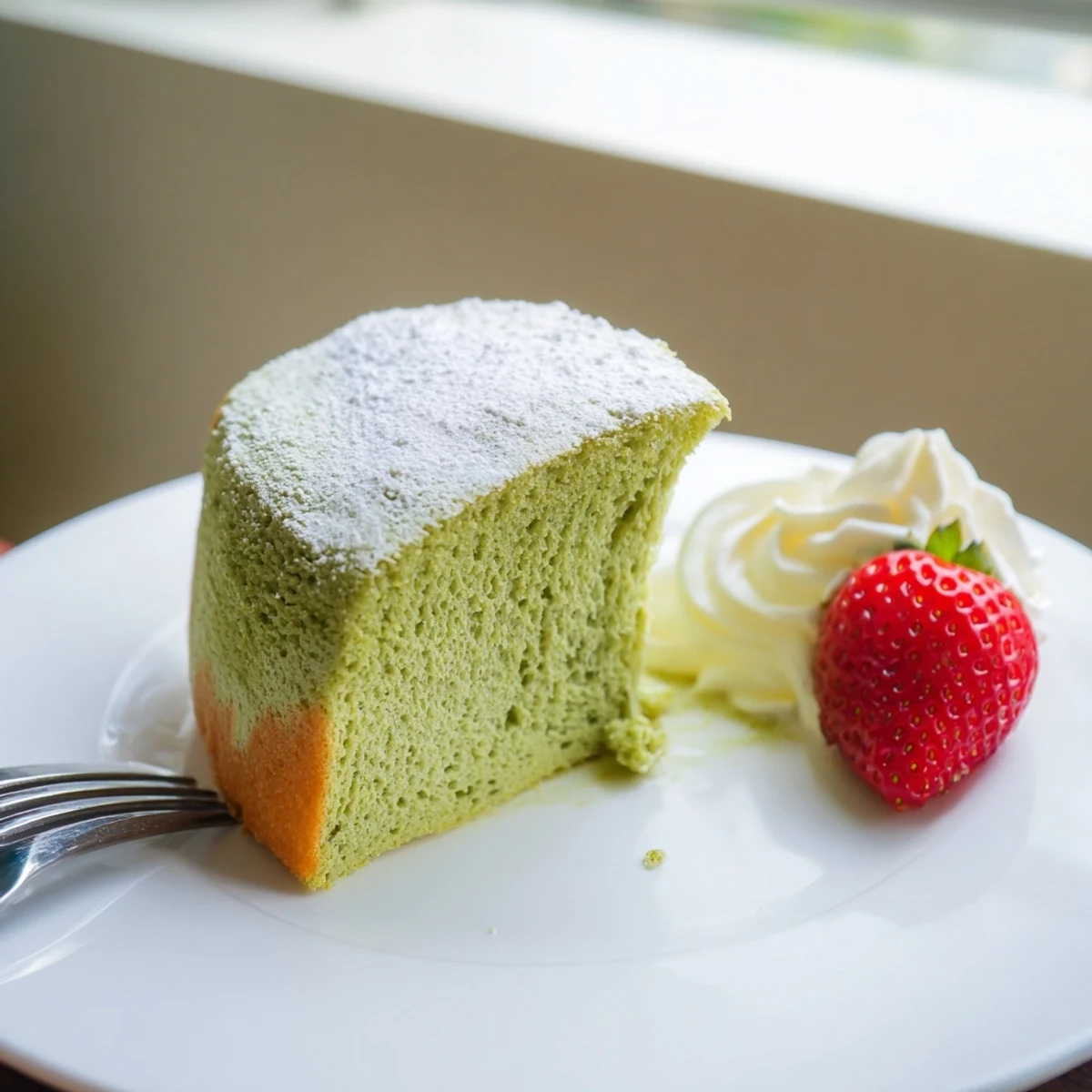 Tender matcha sponge cake with a golden crust cooling on a wire rack
