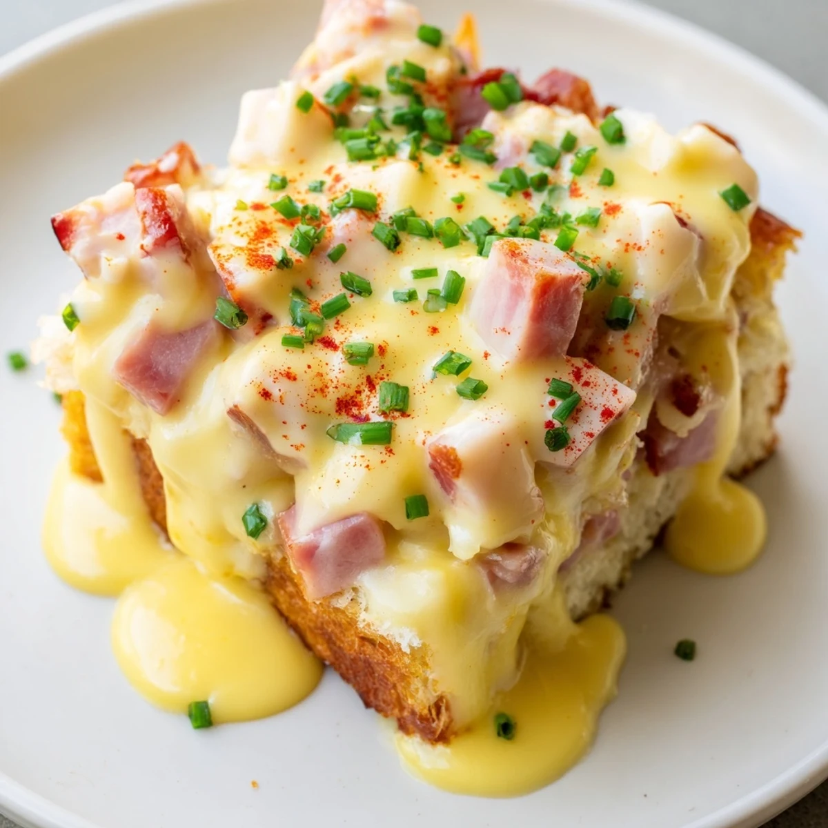 Steaming Eggs Benedict Casserole with layers of English muffins Canadian bacon and velvety sauce