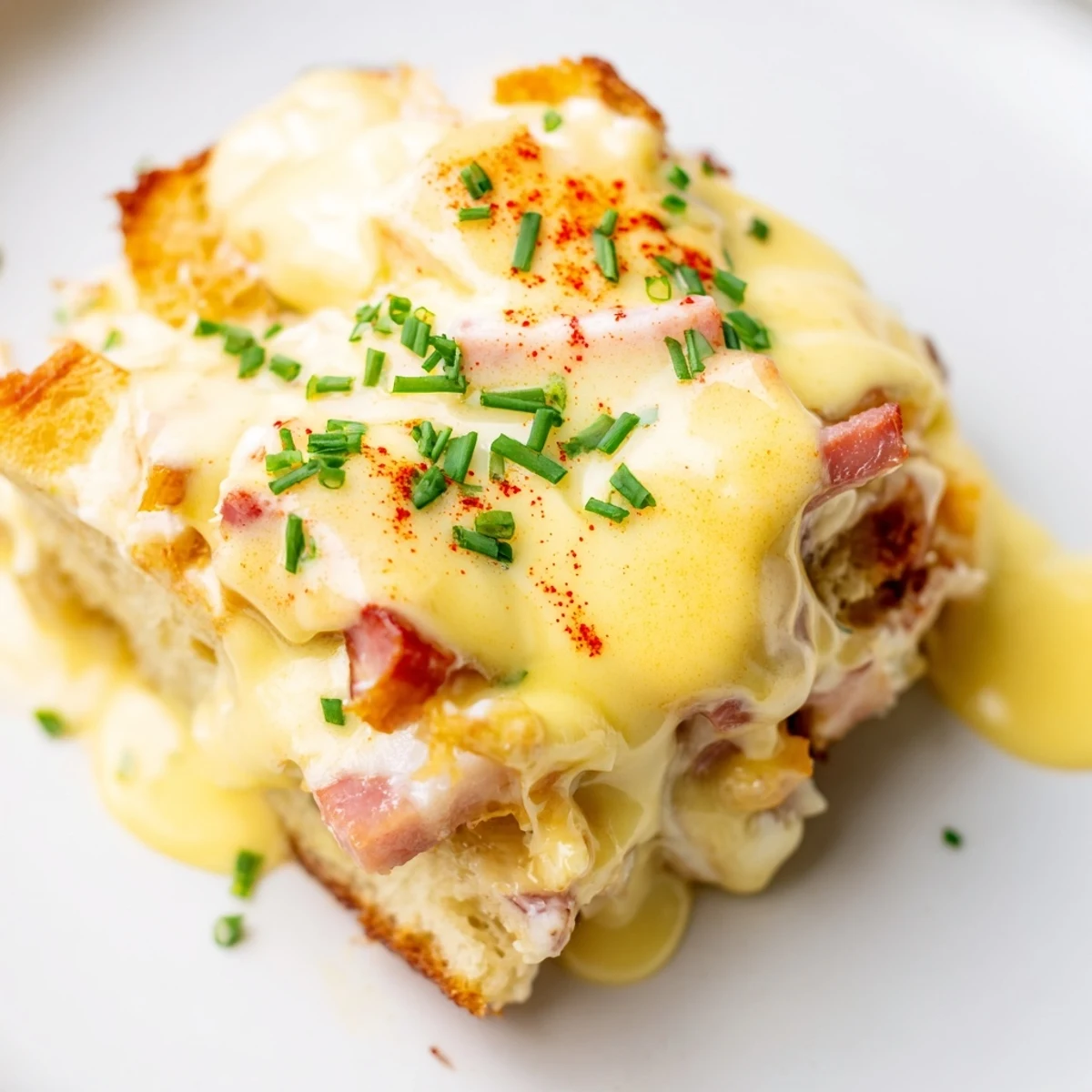 Golden Eggs Benedict Casserole topped with creamy hollandaise and fresh chives on a white plate