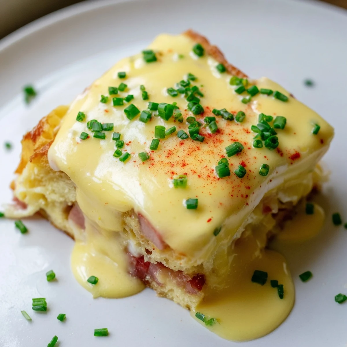 Bubbling Eggs Benedict Casserole fresh from the oven drizzled with rich golden hollandaise sauce