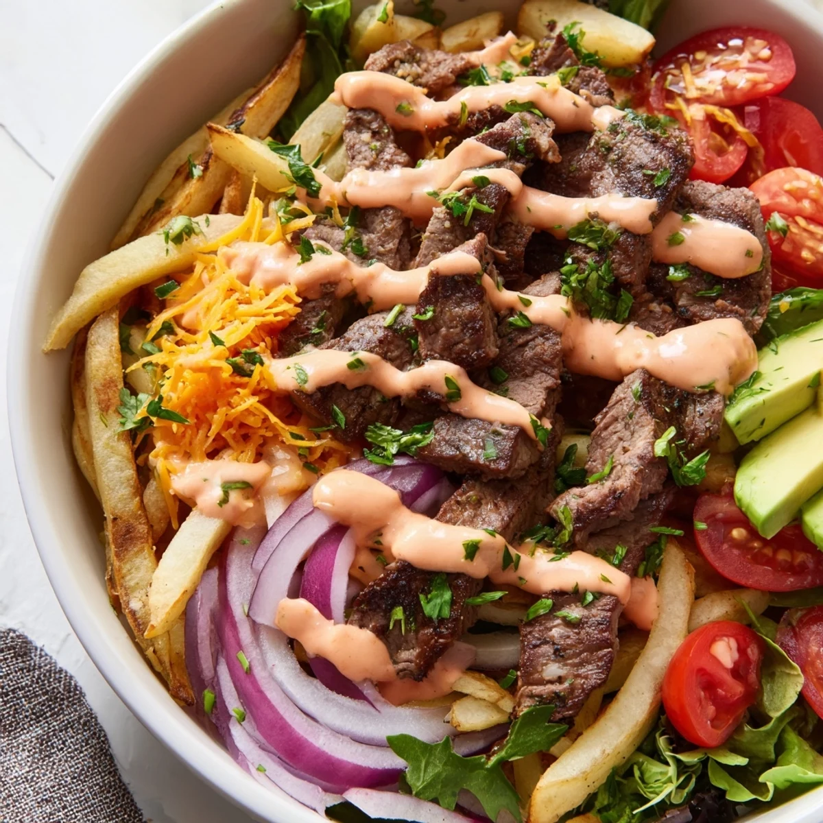 Crispy golden fries and juicy steak strips drizzled with smoky sauce in a hearty bowl
