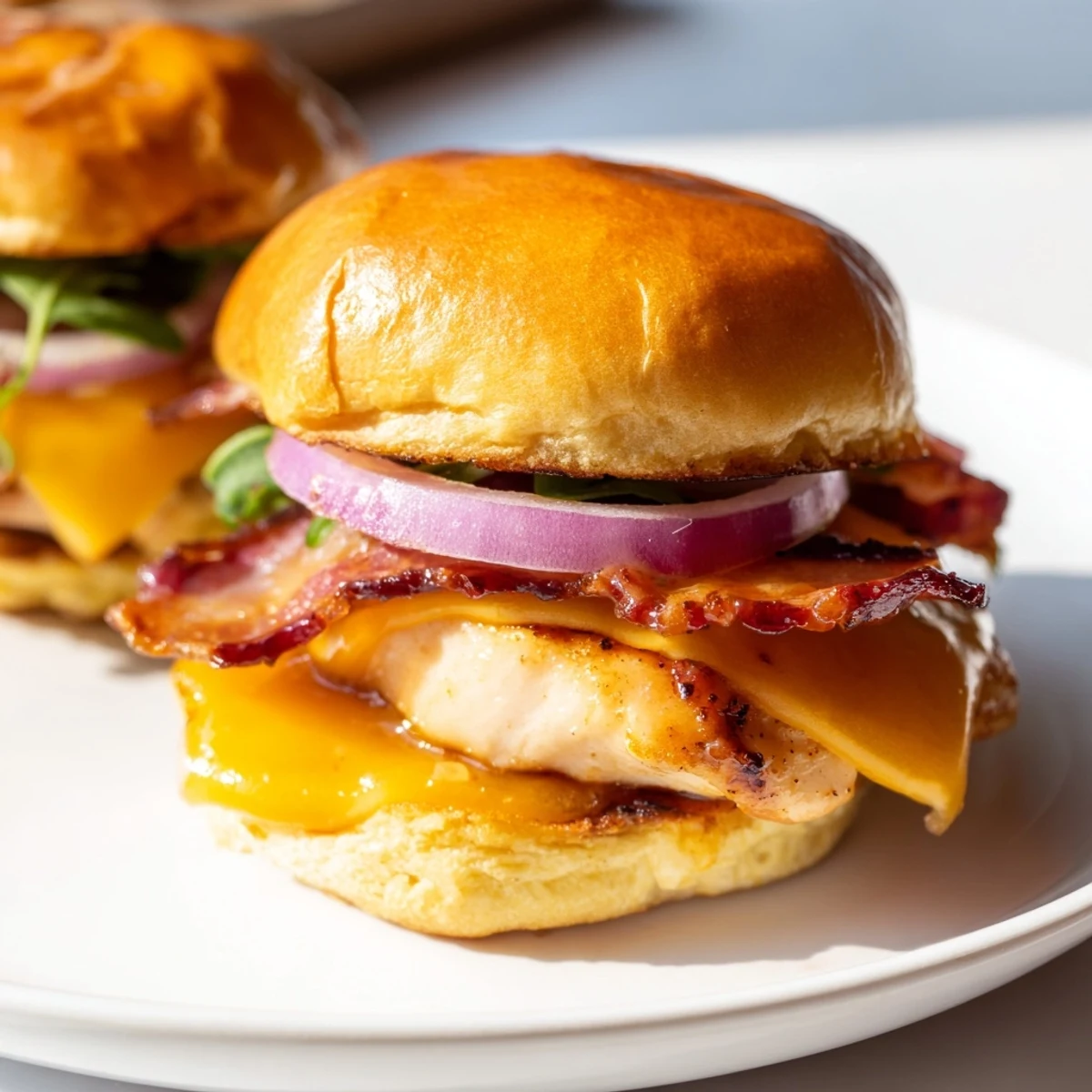 Golden maple chicken bacon sliders stacked on toasted buns with melted cheddar and arugula