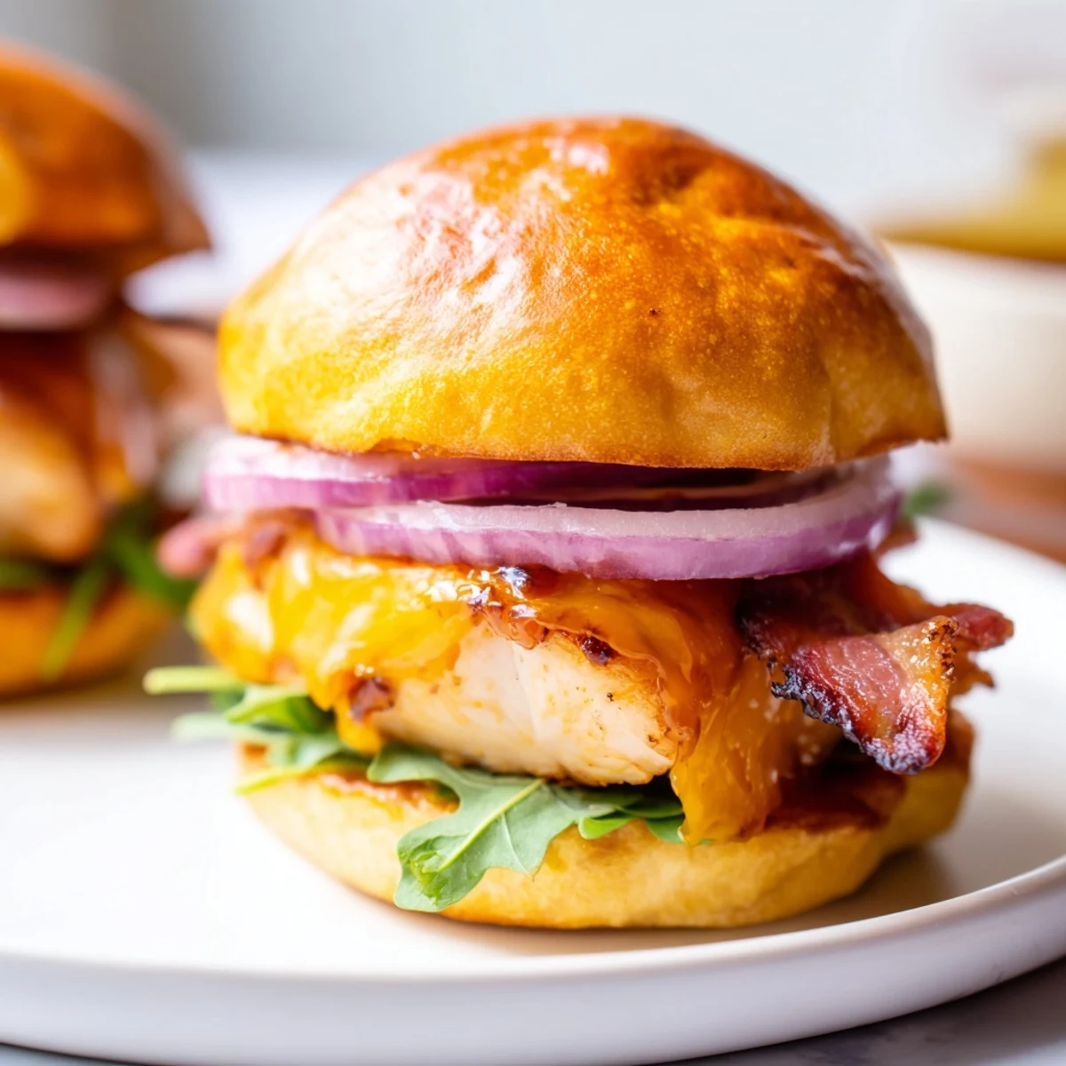 Close-up of maple chicken bacon sliders with glistening Dijon glaze caramelized onion and melted cheese