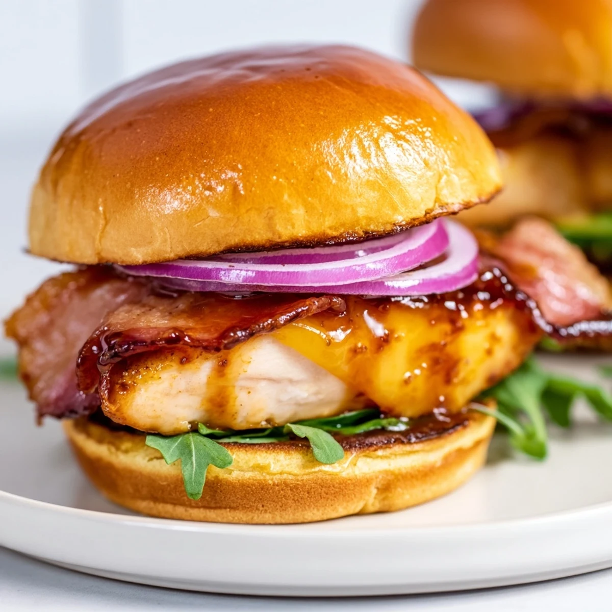 Crispy bacon and juicy glazed chicken nestled in soft slider buns with fresh greens