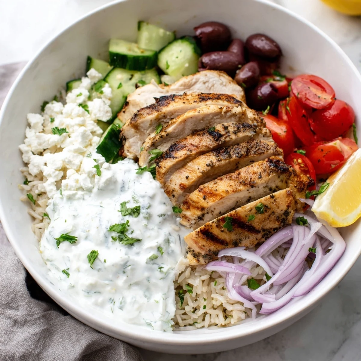 Juicy Greek chicken bowls with grilled herbed chicken over fluffy white rice