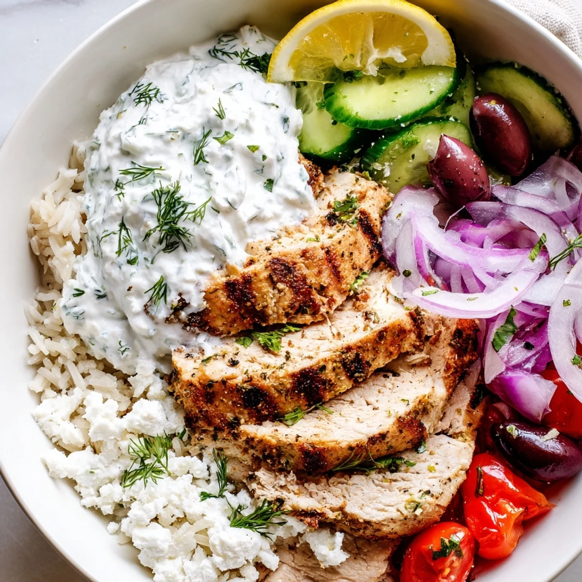 Hearty Greek chicken bowls layered with ripe tomatoes olives and fresh cucumber