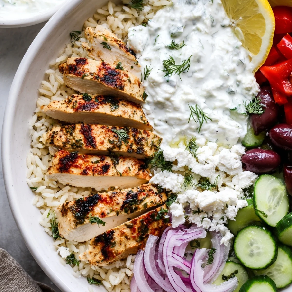 Colorful Greek chicken bowls topped with crumbled feta and cool tzatziki sauce