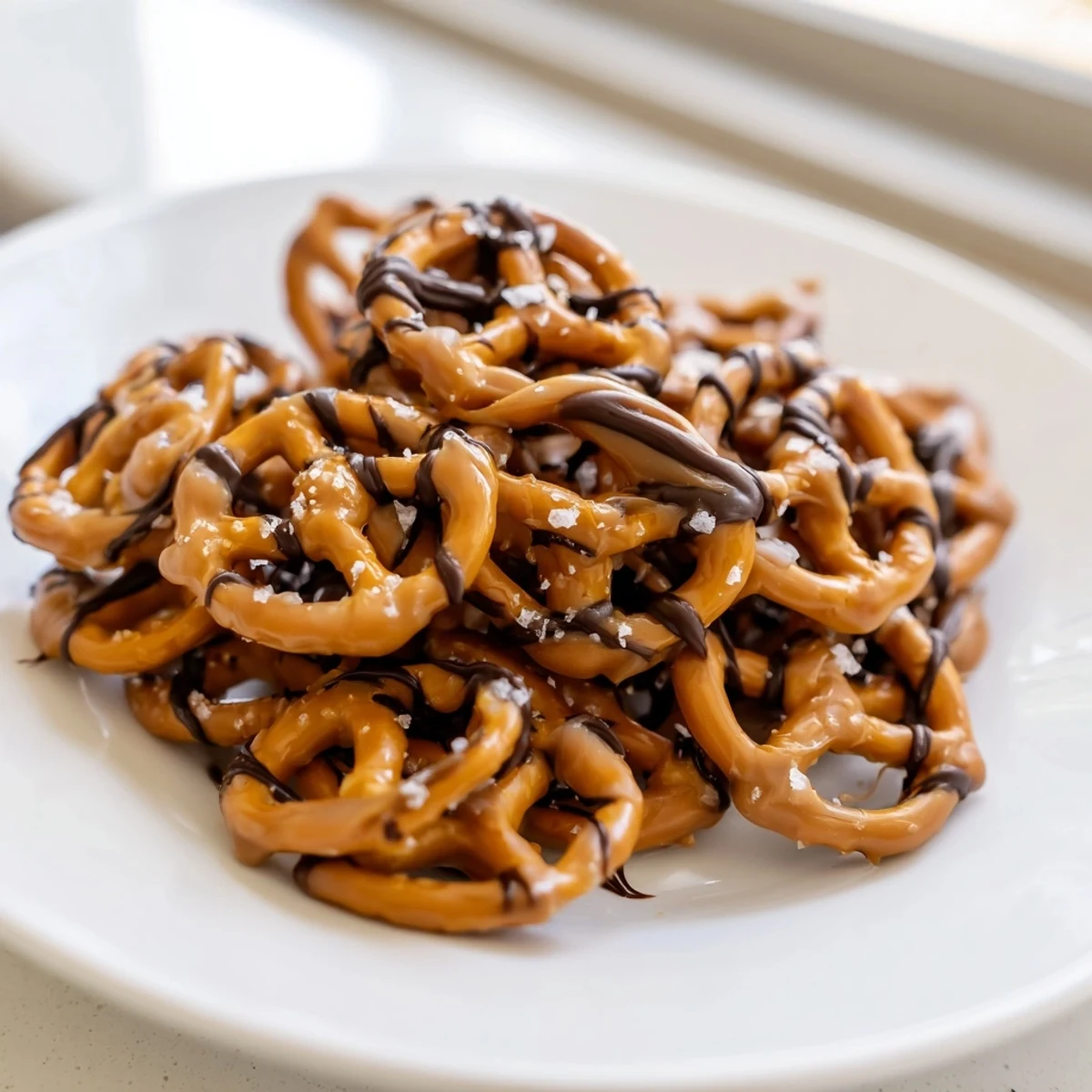 Crunchy butter toffee pretzels glistening with a sweet caramel coating and chocolate drizzle