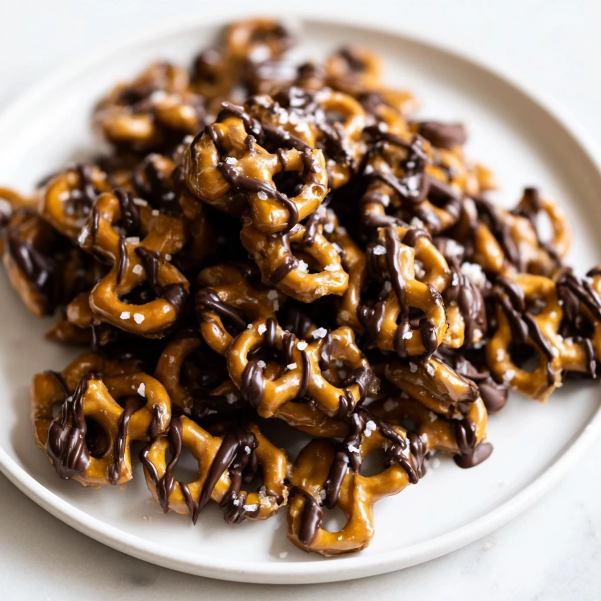 Golden butter toffee pretzels drizzled with rich chocolate on a parchment-lined baking sheet