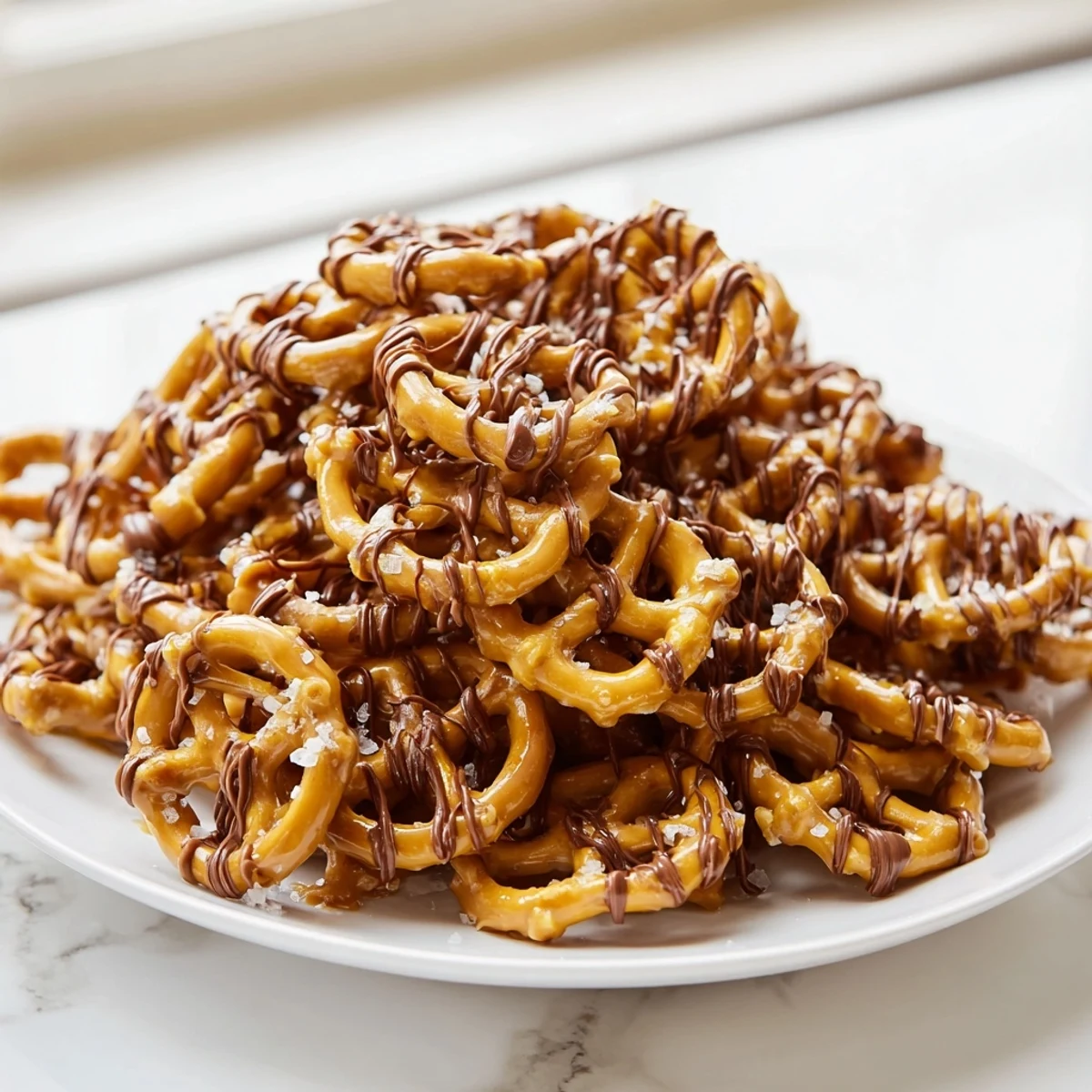 Butter toffee pretzels piled in a bowl, topped with sea salt flakes and chocolate