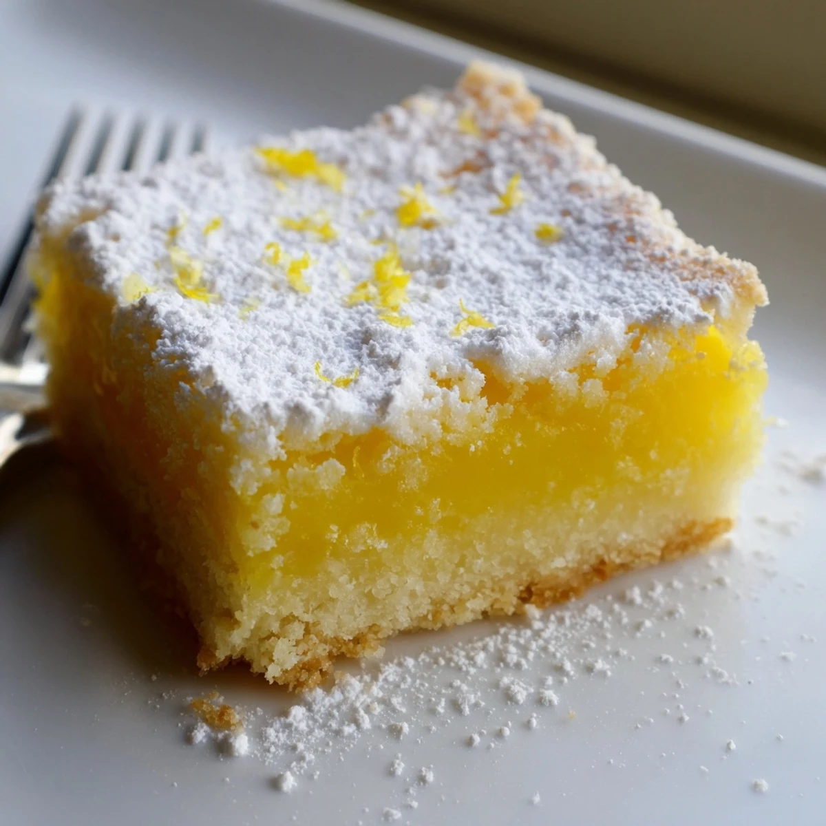 Golden simple lemon bars with powdered sugar on a rustic cutting board