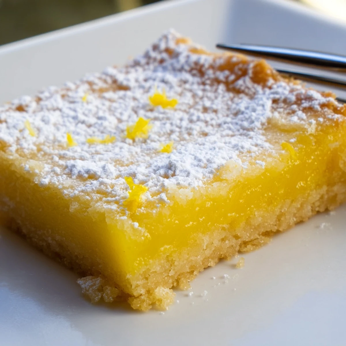 Tangy simple lemon bars dusted with powdered sugar on a decorative plate