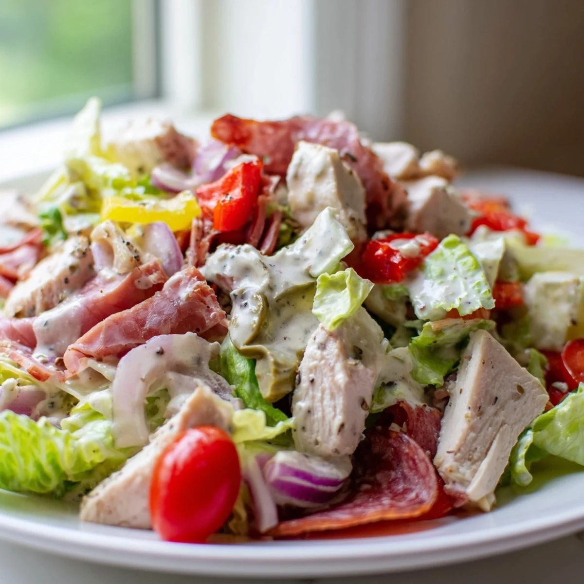 Italian grinder chicken salad loaded with salami, provolone, and crisp romaine lettuce