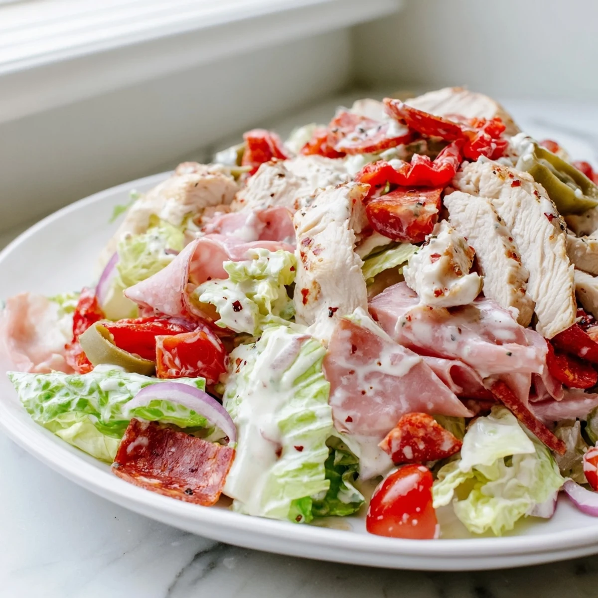 Juicy grilled Italian grinder chicken salad topped with pepperoncini and tangy dressing