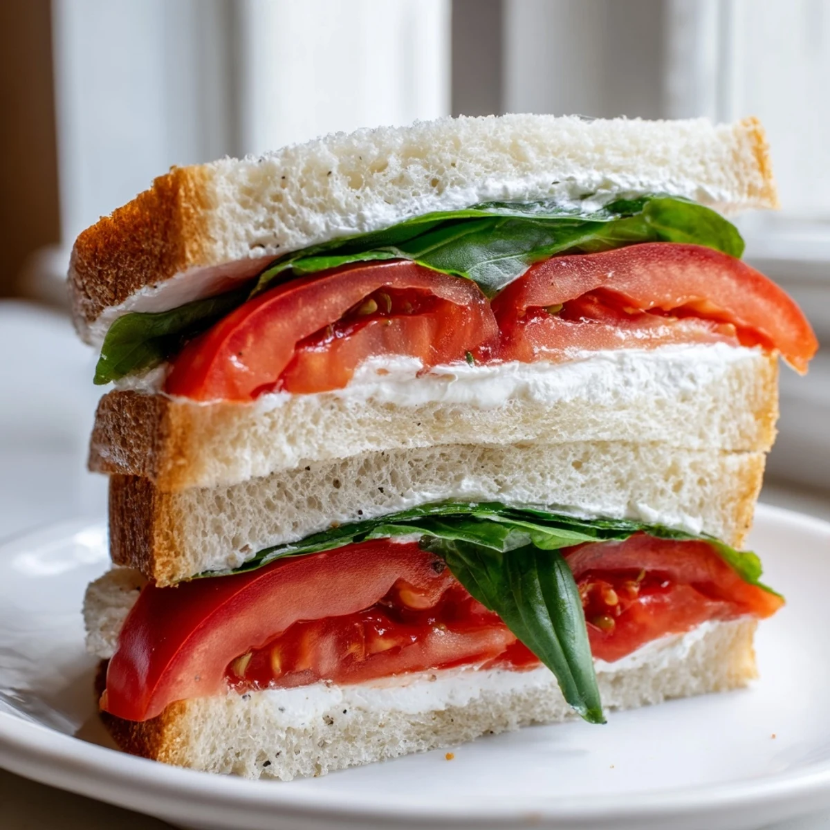 Classic tomato sandwich topped with fragrant basil leaves and cracked black pepper