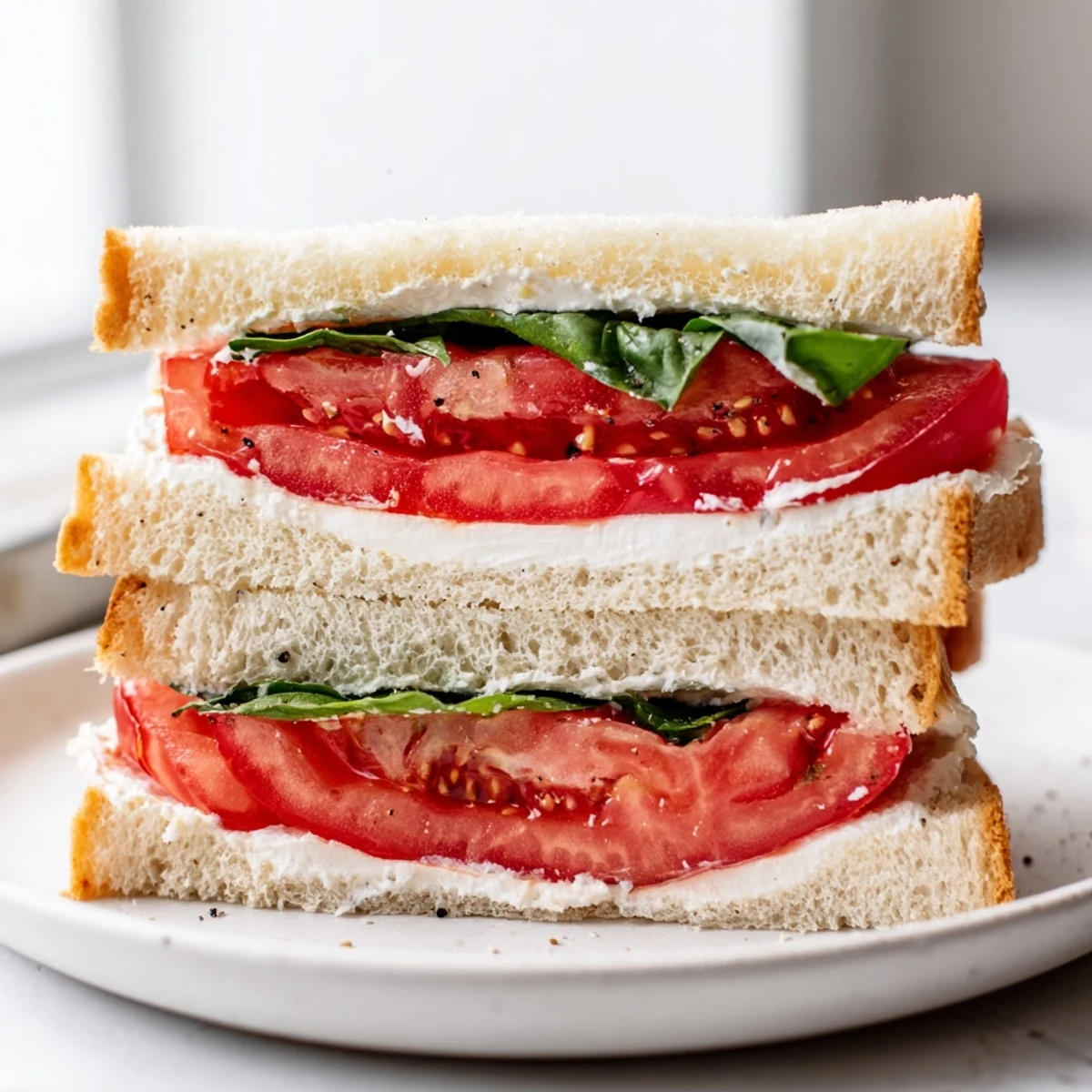 Juicy ripe tomato sandwich layered with creamy mayo on fresh sourdough bread