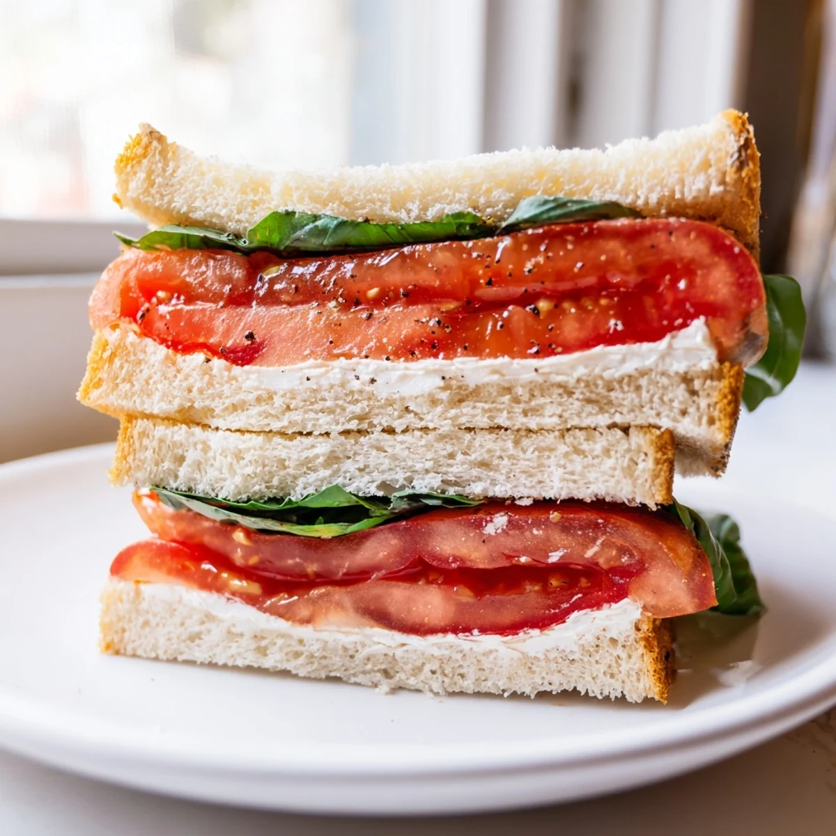 Thick-cut tomato sandwich served on soft bread with a generous mayonnaise spread