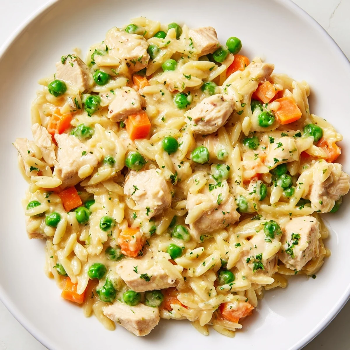 Creamy chicken pot pie orzo served steaming in a rustic bowl with fresh parsley