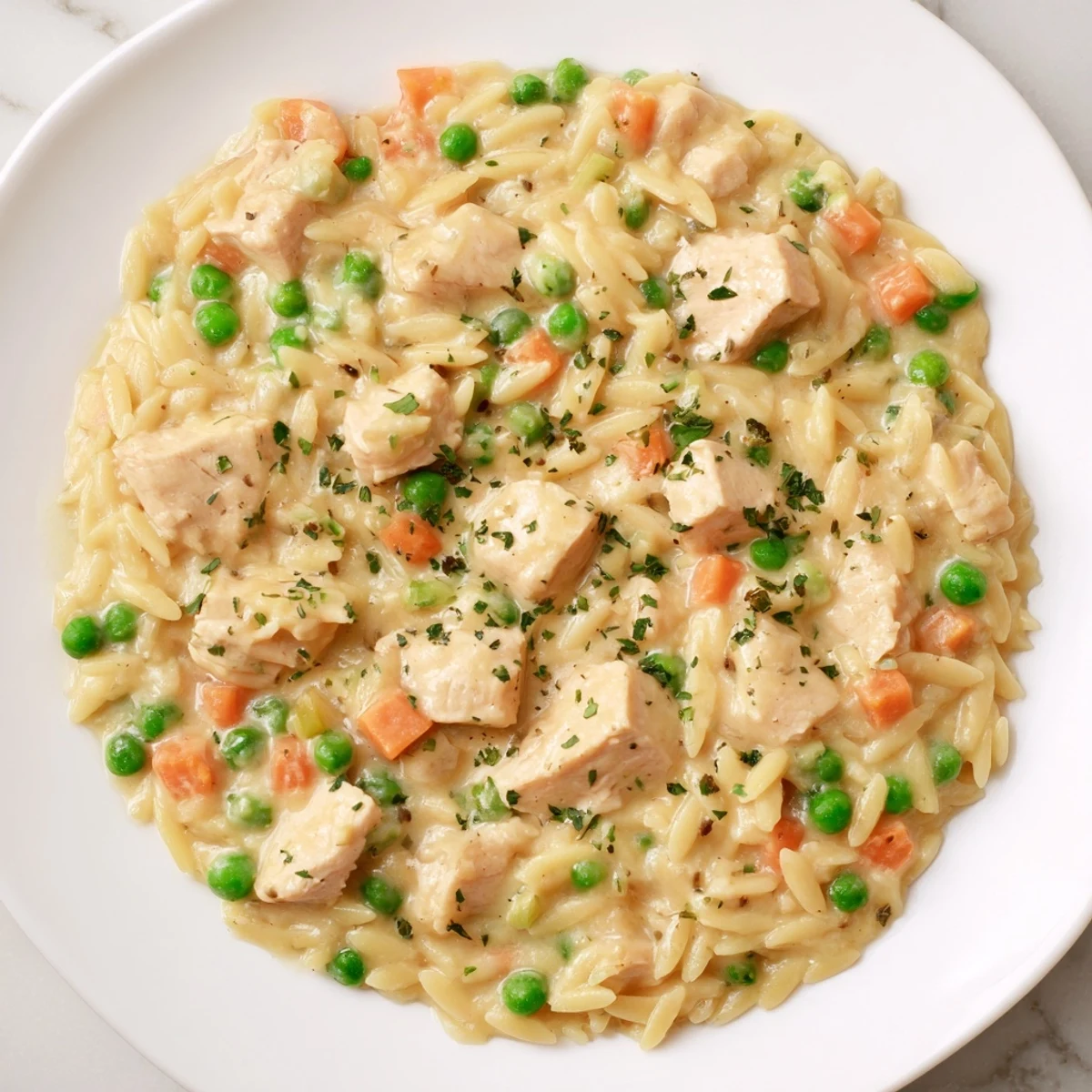 Golden creamy chicken pot pie orzo loaded with tender chicken and colorful vegetables