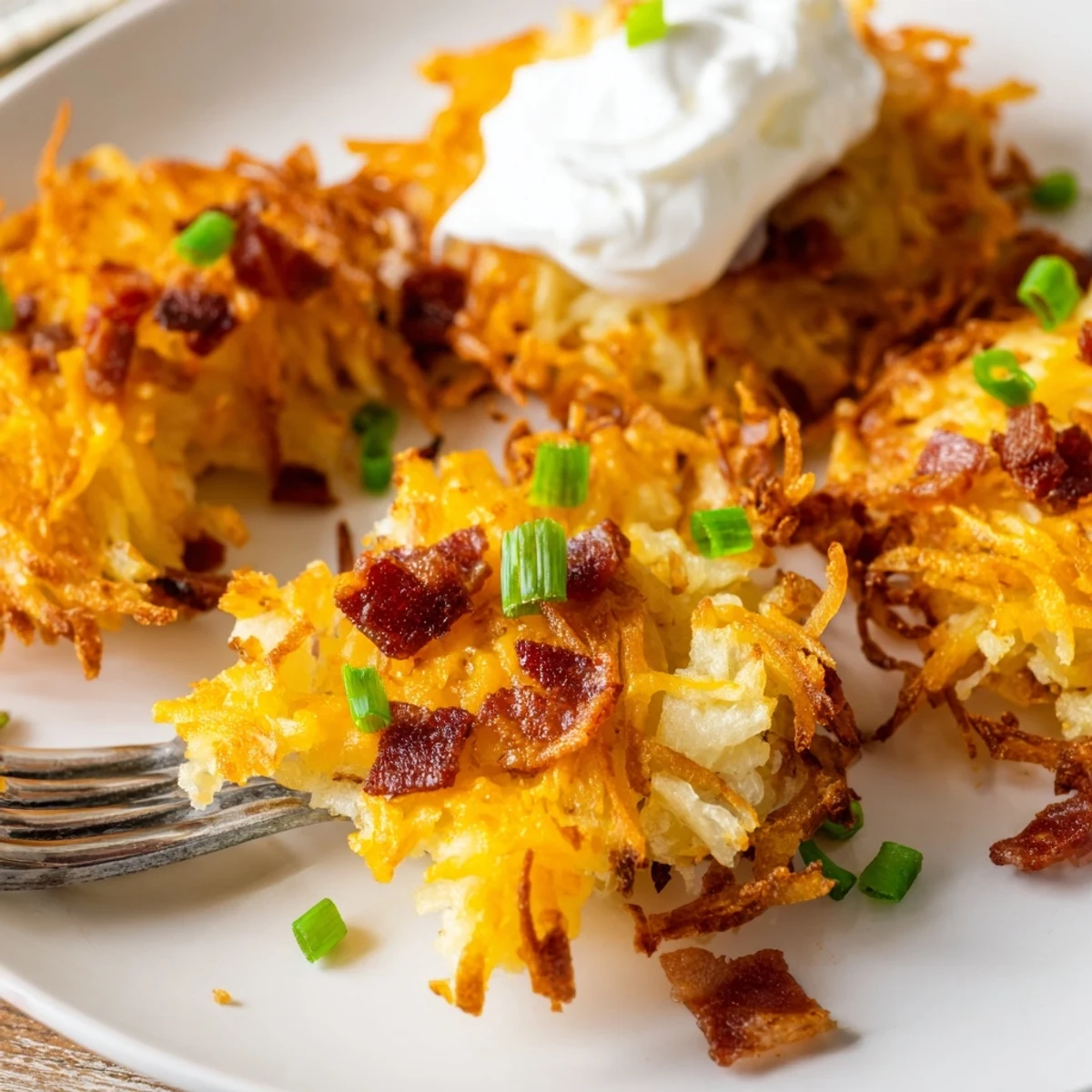 Delicious Cheesy Loaded Hashbrown Bites garnished with smoky bacon and cool sour cream
