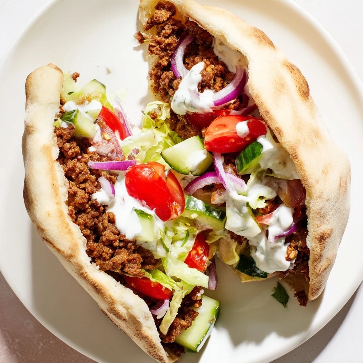 Golden Mediterranean ground beef pita pockets filled with fresh veggies and creamy sauce.  