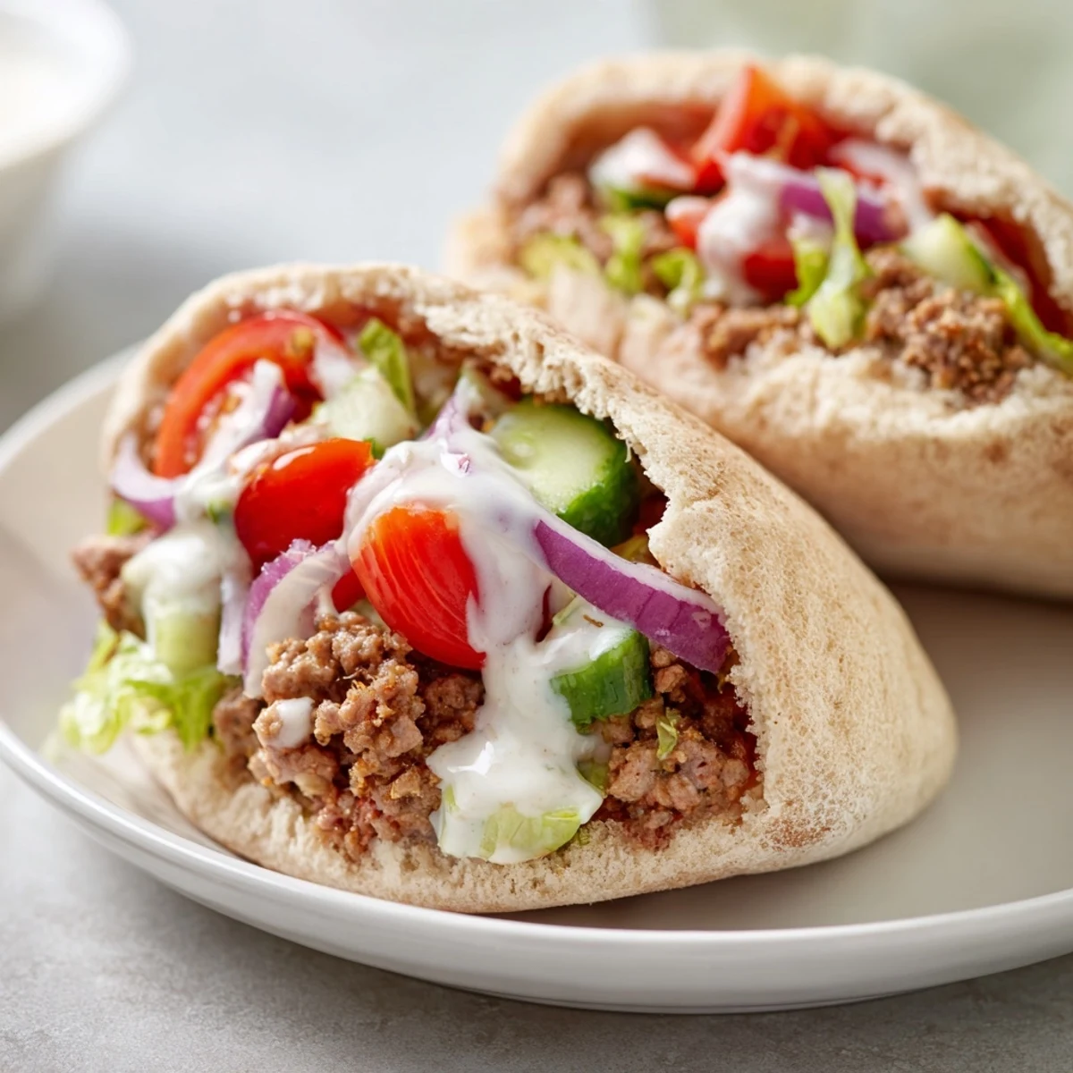 Warm pita stuffed with spiced Mediterranean ground beef pita pockets and crisp lettuce.  