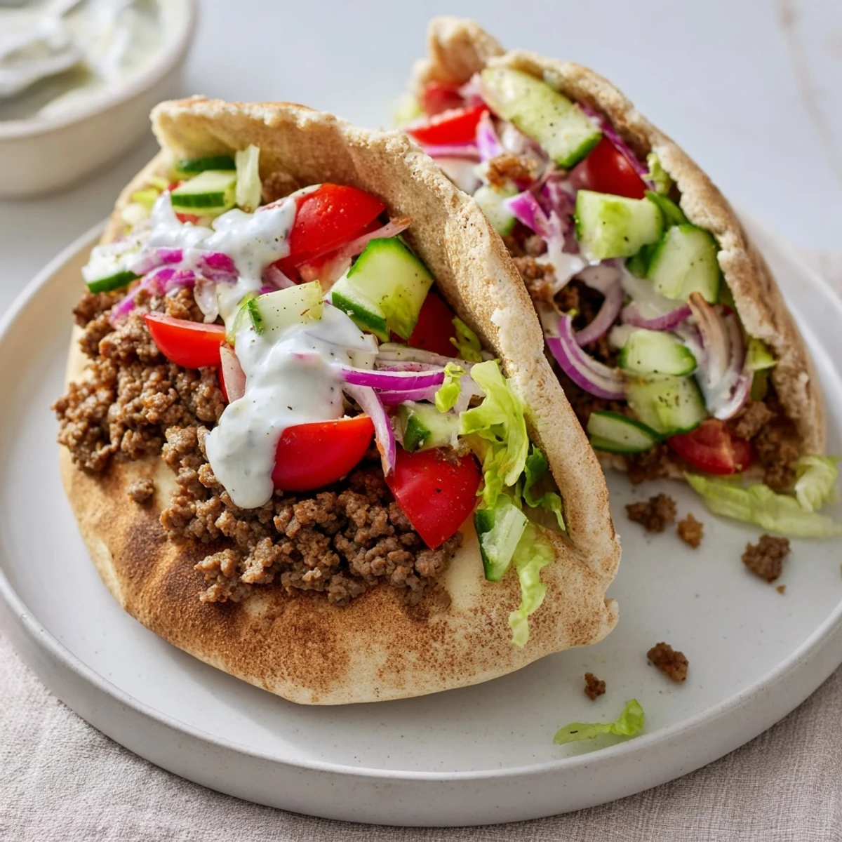 Delicious Mediterranean ground beef pita pockets drizzled with tangy yogurt and fresh herbs.