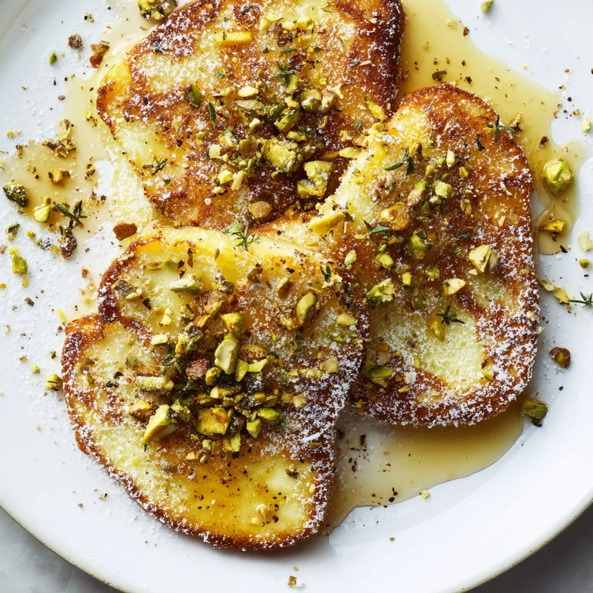 Warm honey halloumi appetizer garnished with chopped pistachios and aromatic thyme leaves.