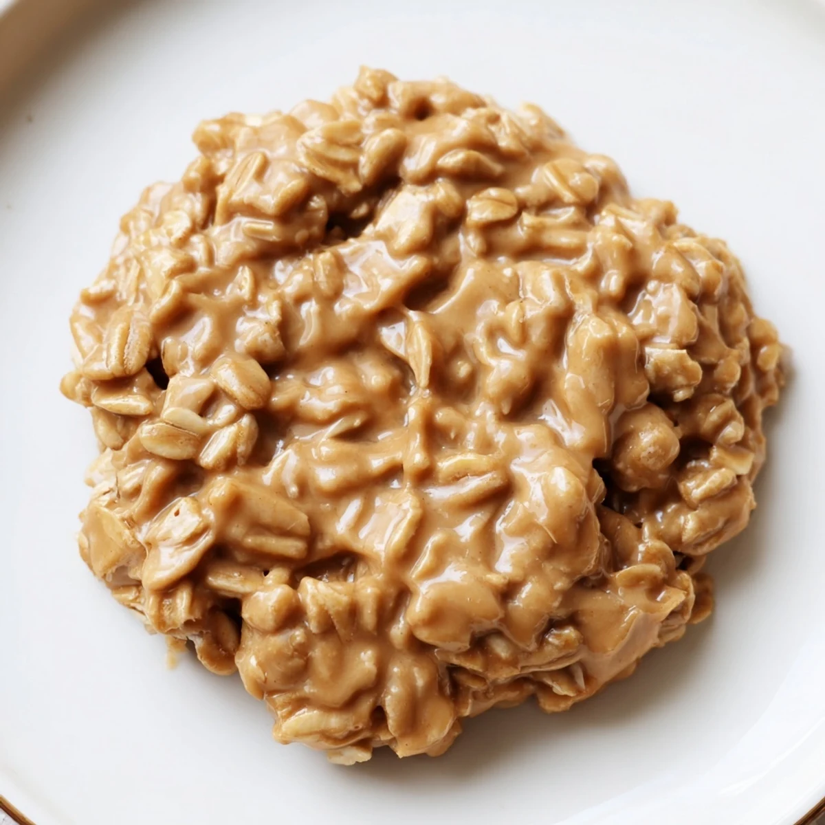 Rich Peanut Butter No Bake Cookies topped with oats on a white plate.  