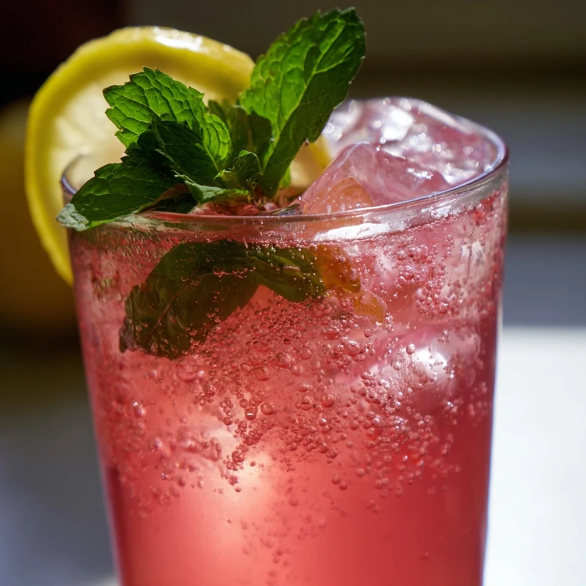 A glass of refreshing honey lemon pink soda garnished with mint and ice.  