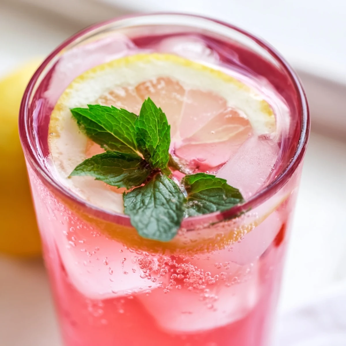 Vibrant honey lemon pink soda bubbles in a tall glass with a lemon slice.  
