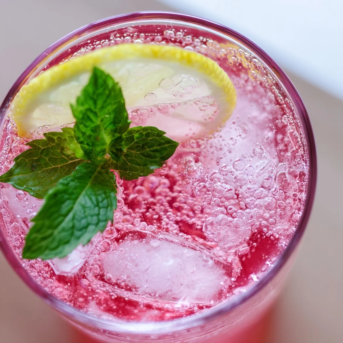 Chilled honey lemon pink soda served over ice with fresh mint for a cool drink.