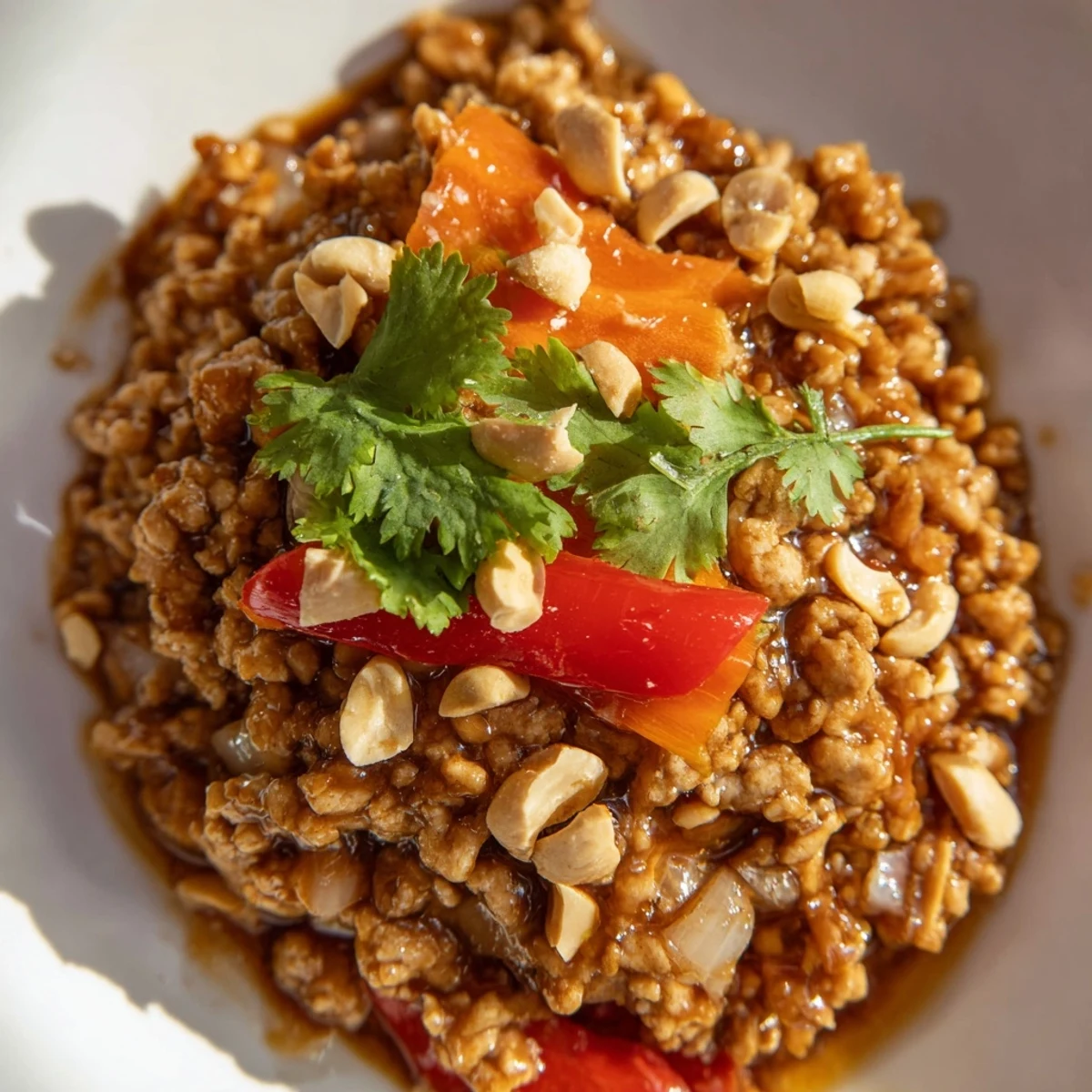 Savory Thai chicken lettuce wraps topped with fresh herbs and crunchy peanuts.  