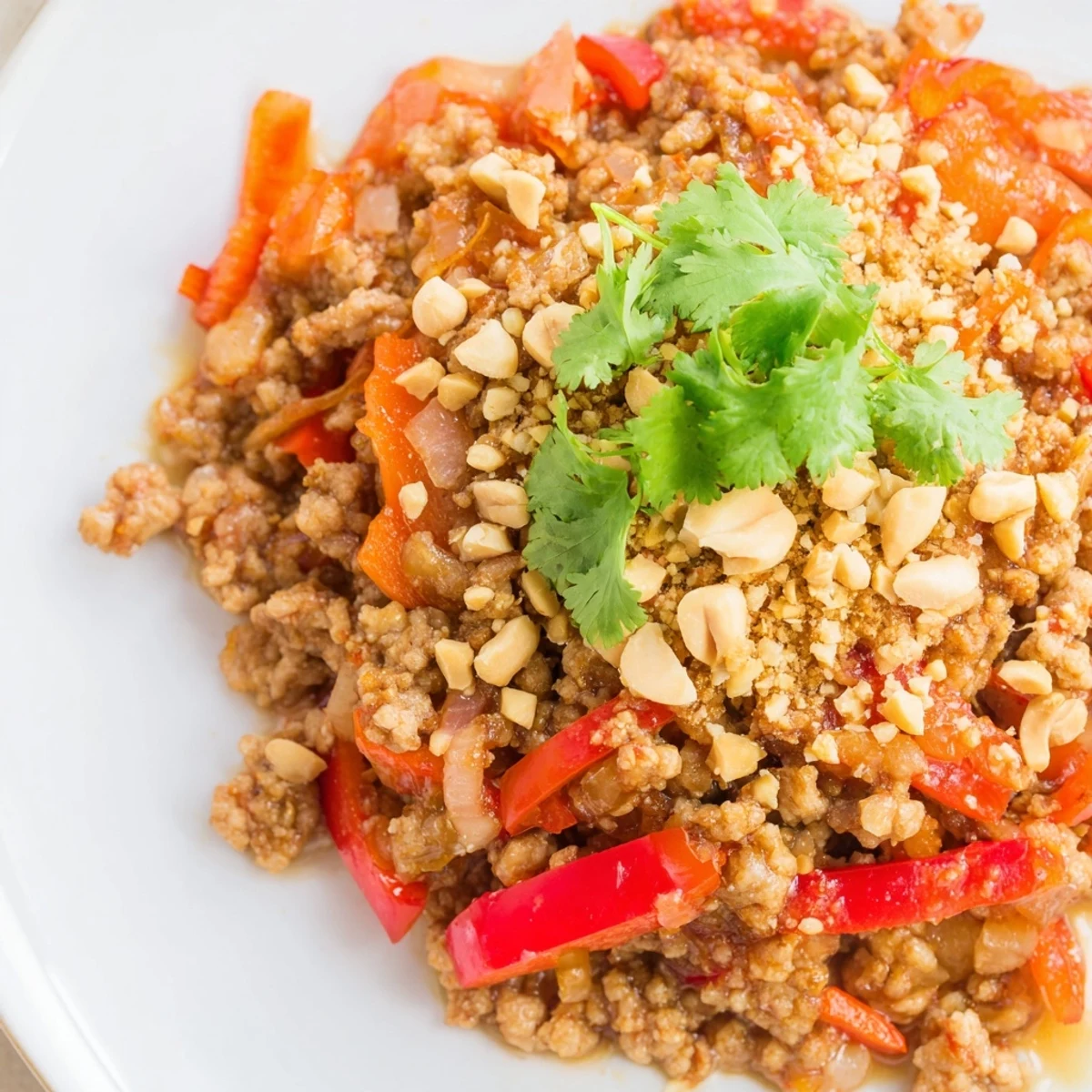 Delicious Thai chicken lettuce wraps featuring aromatic ground meat and colorful garnishes.