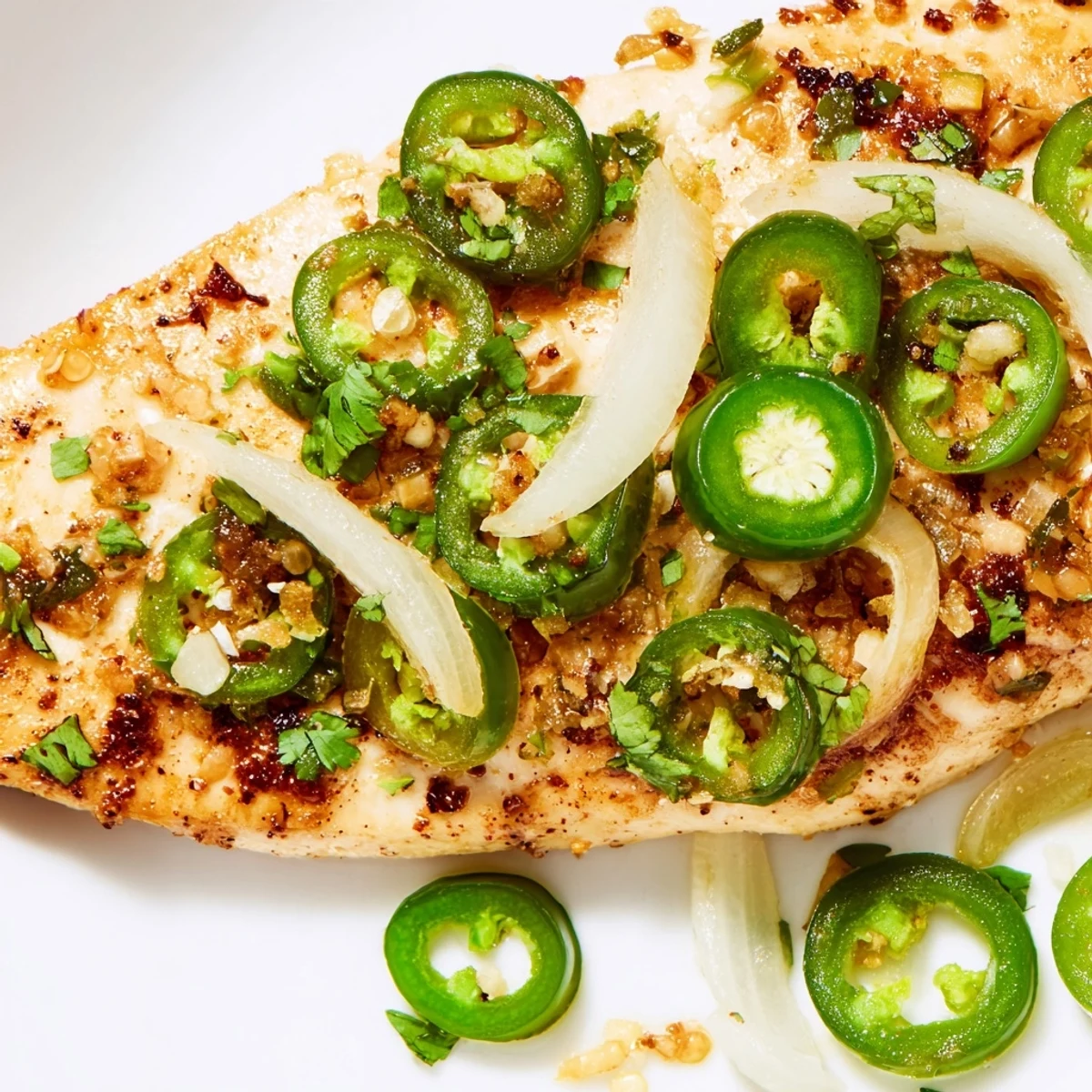 Juicy spicy jalapeno chicken breasts garnished with fresh cilantro and lime wedges.  