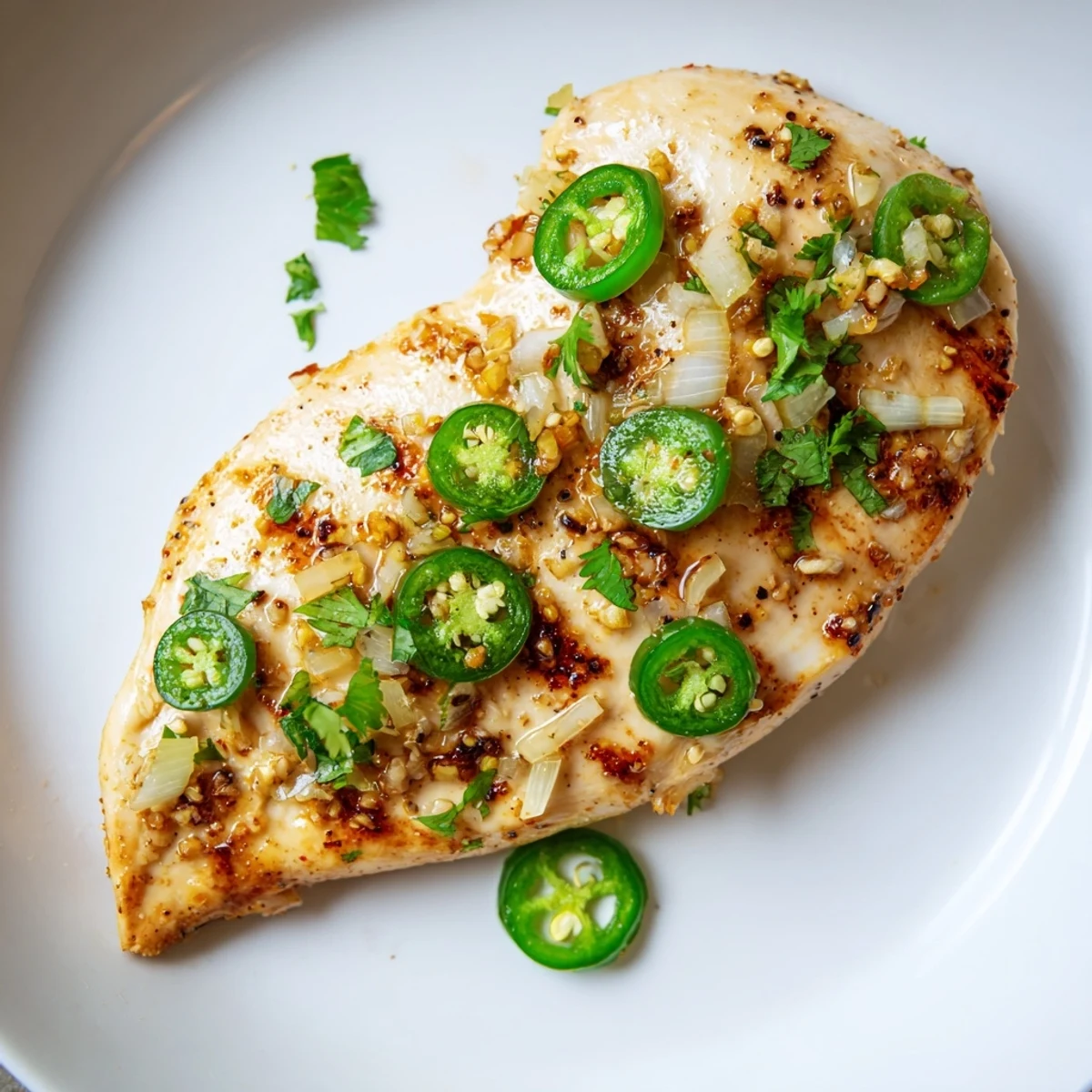 Golden spicy jalapeno chicken recipe served with sliced peppers and onions for dinner.  