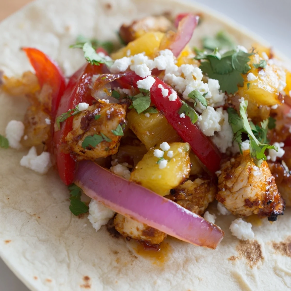 Warm tortillas filled with spicy chicken and caramelized pineapple for easy taco night  