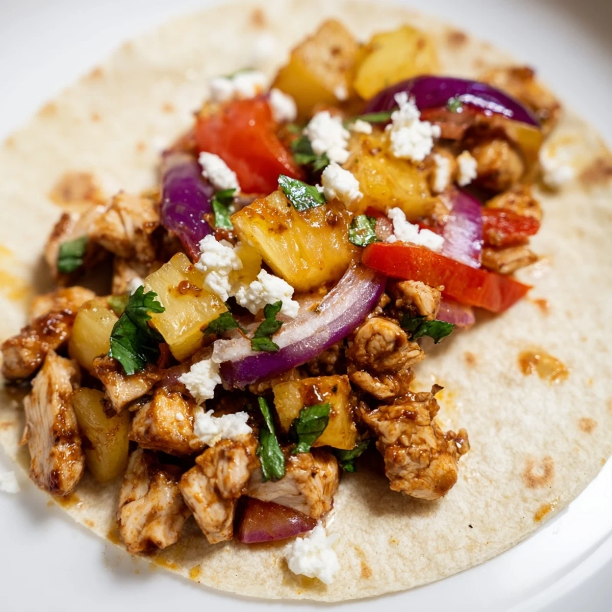 Juicy chicken and sweet pineapple tacos garnished with fresh cilantro and lime