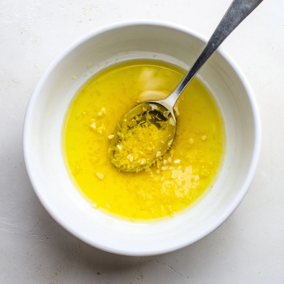 Golden homemade Lemon Vinaigrette Dressing drizzled over fresh green salad  