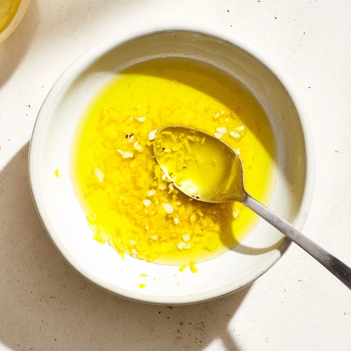 Creamy zesty Lemon Vinaigrette in glass jar with lemon slice garnish  