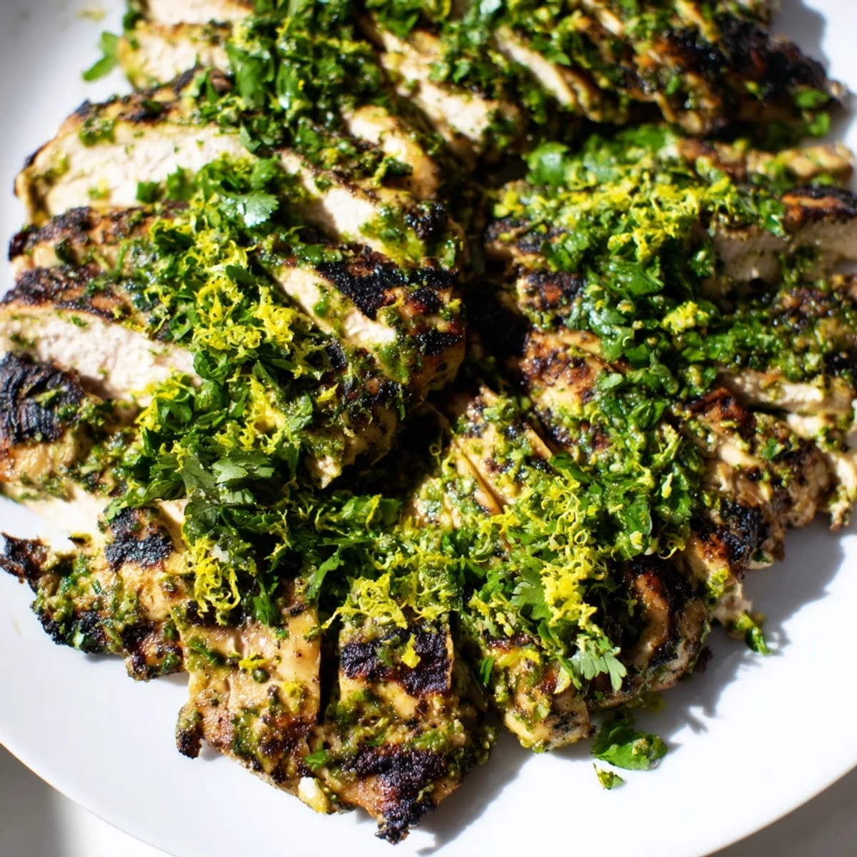 Golden grilled cilantro lime chicken garnished with fresh herbs and lime wedges.  