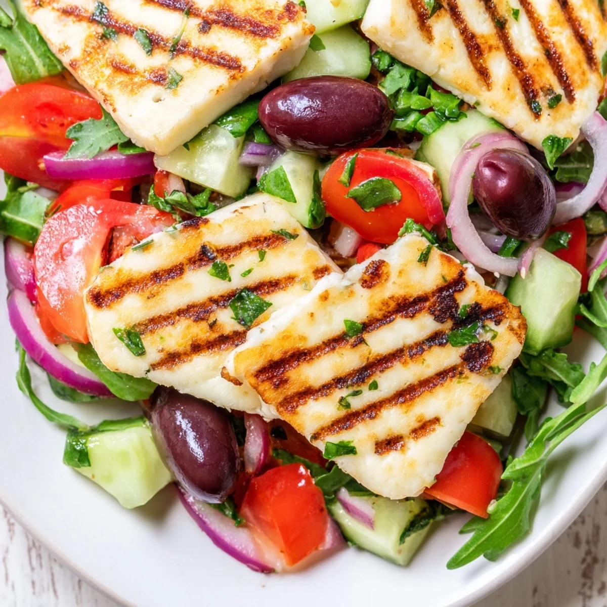 Golden grilled halloumi atop a fresh Mediterranean salad with crisp vegetables.  