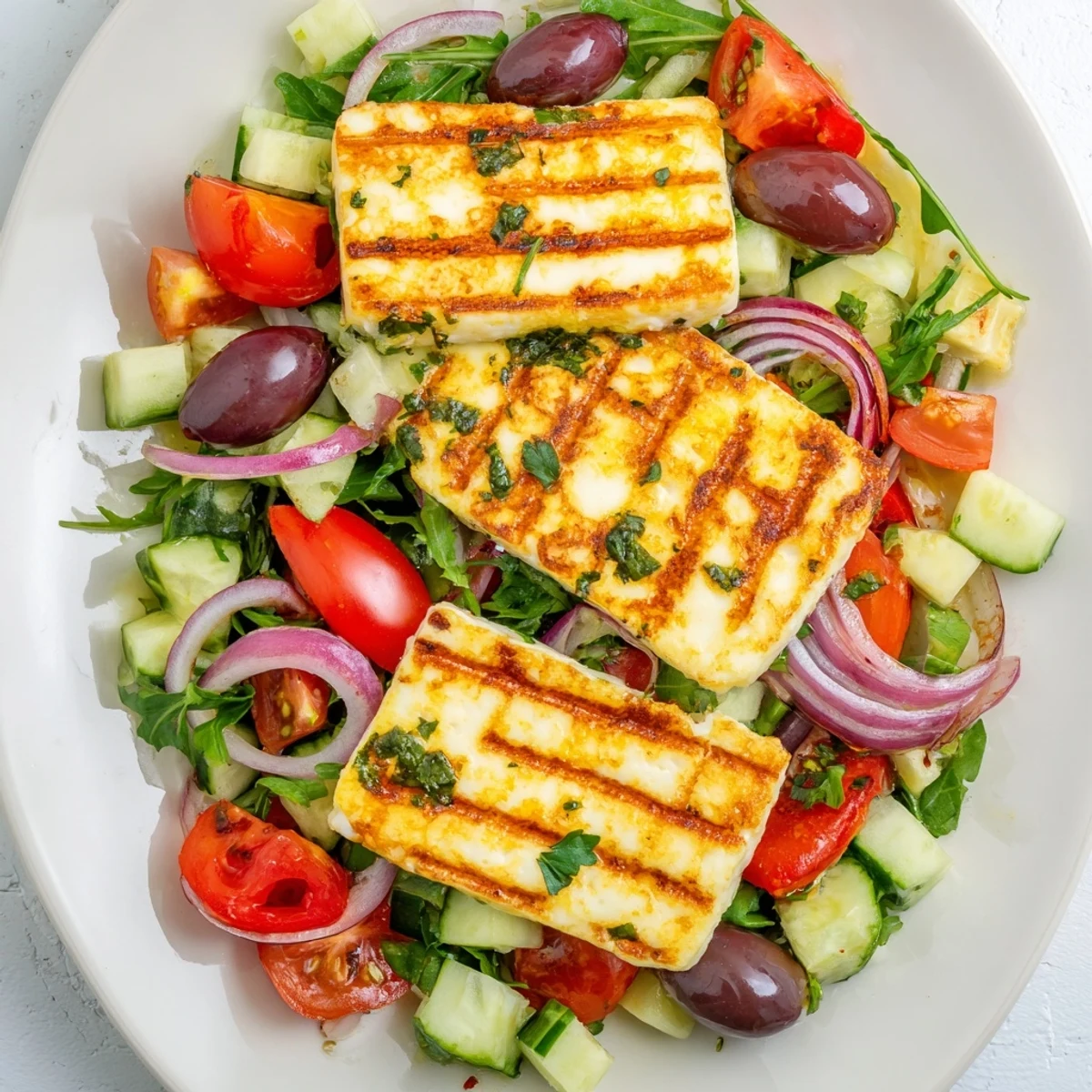 Warm grilled halloumi served over a colorful salad with cherry tomatoes and olives.  