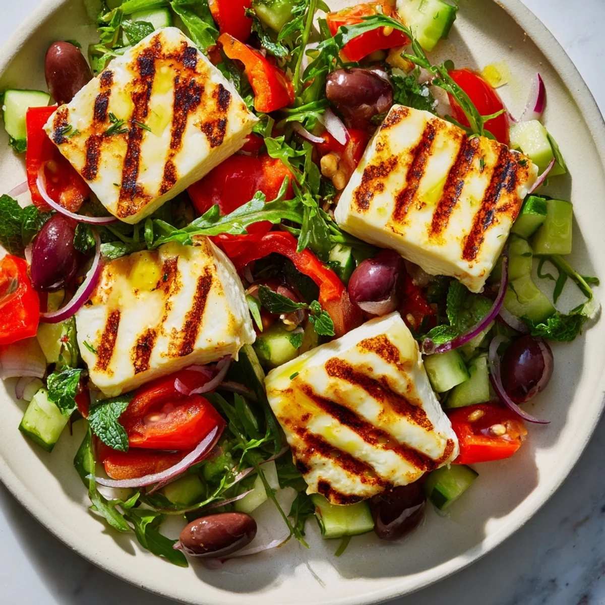 Savory grilled halloumi paired with refreshing Mediterranean salad and aromatic fresh herbs.