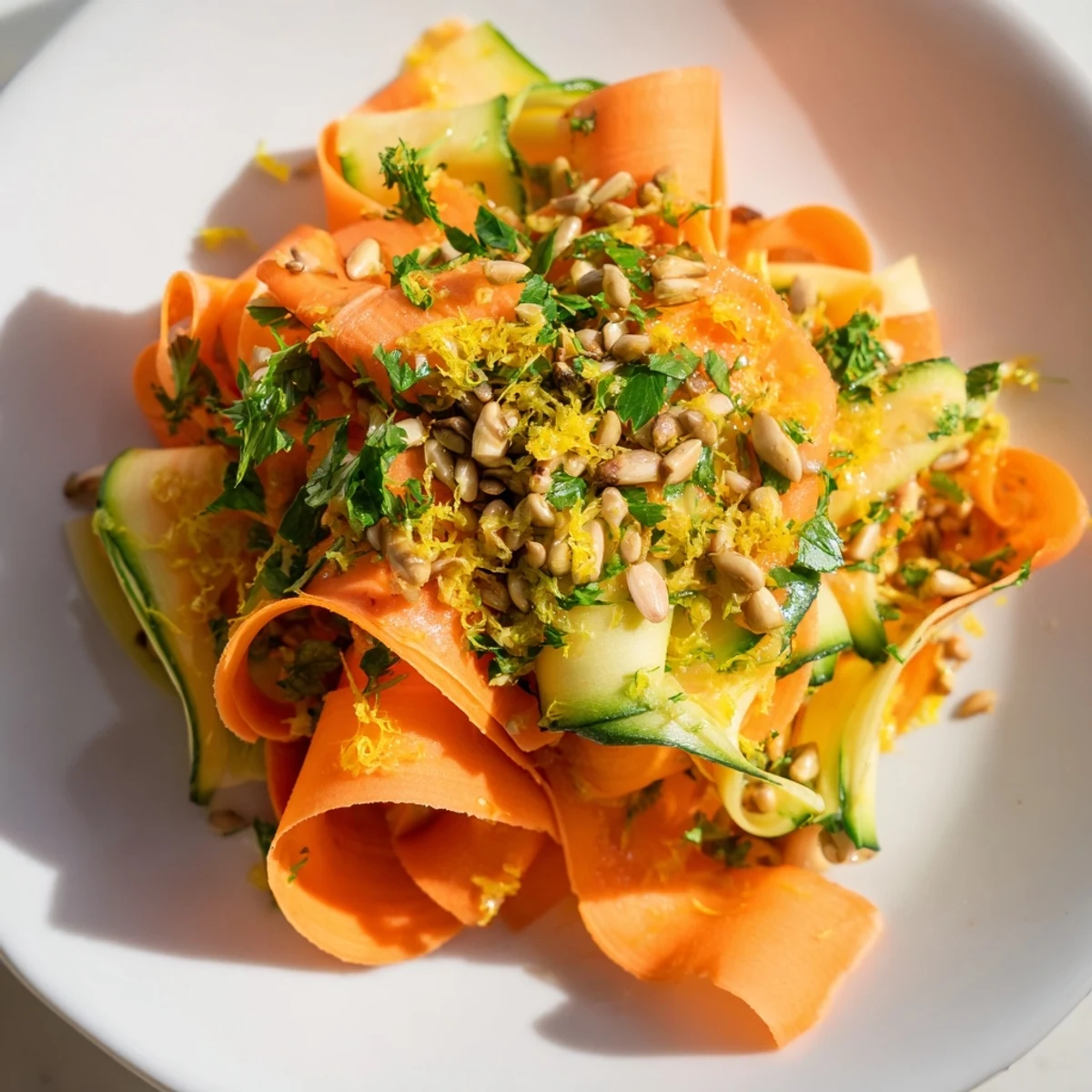 Delicate carrot ribbons in a light citrus dressing garnished with sunflower seeds.  