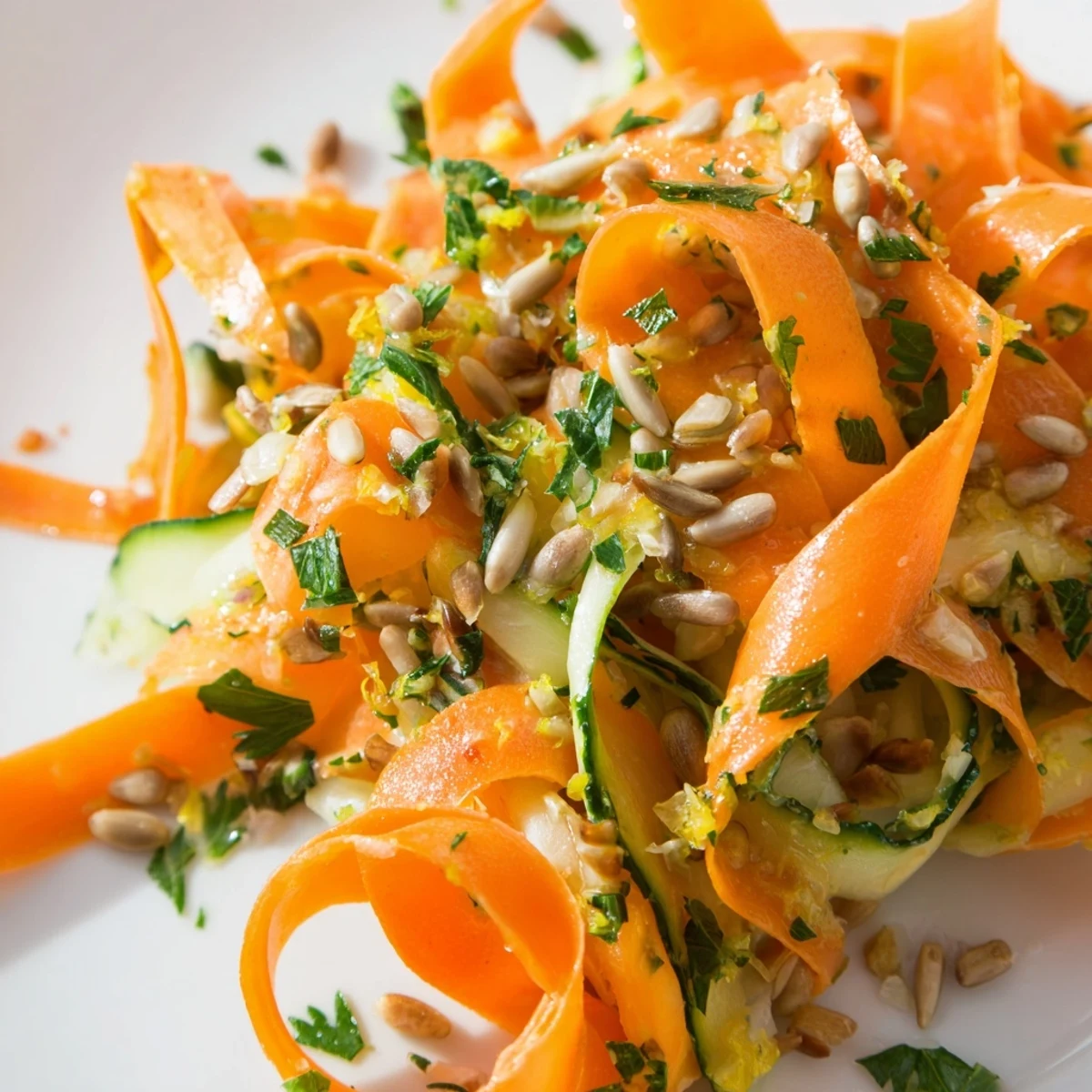 Vibrant carrot ribbon salad tossed with zesty citrus dressing and fresh parsley.  