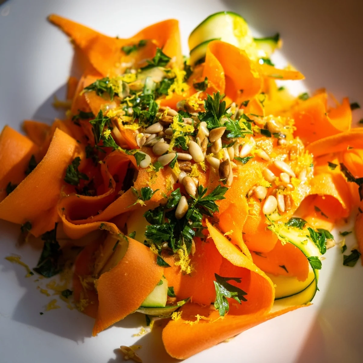 Fresh carrot ribbon salad featuring cucumber ribbons and a tangy citrus vinaigrette.