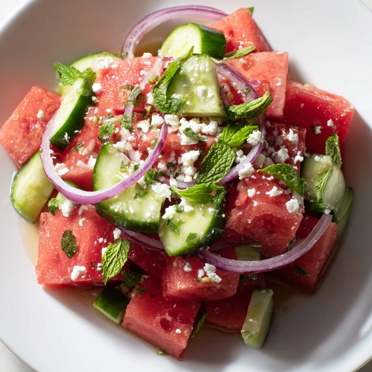 Fresh watermelon cucumber salad with mint and tangy lime dressing.  