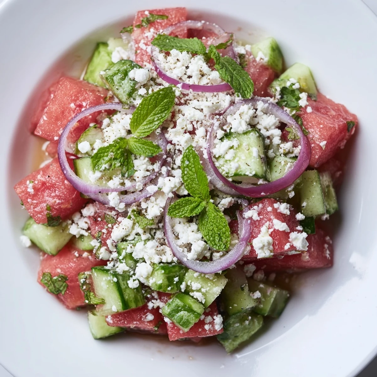 Vibrant watermelon cucumber salad in a bowl, perfect for summer serving.